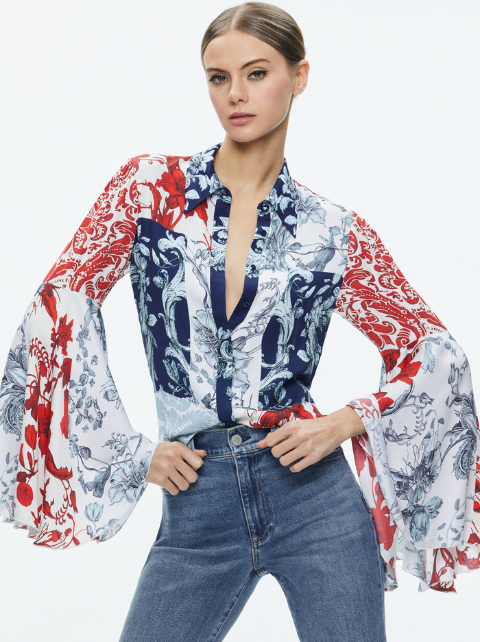 WILLA FITTED PLACKET BELL SLEEVE TOP - JE L'ADORE - Alice And Olivia
