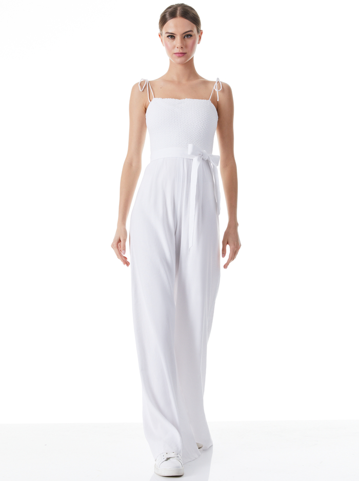 BEBE SMOCKED BUSTIER TIE STRAP JUMPSUIT - WHITE - Alice And Olivia