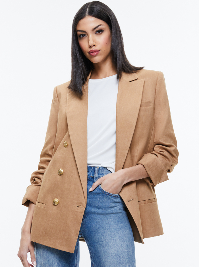 ANTHONY LINEN DOUBLE BREASTED BLAZER - TAN - Alice And Olivia