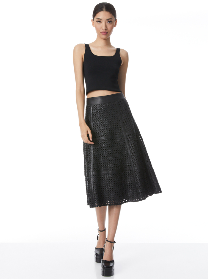 SOSIE WOVEN LEATHER MIDI FLARE SKIRT - BLACK image 4 - Alice And Olivia