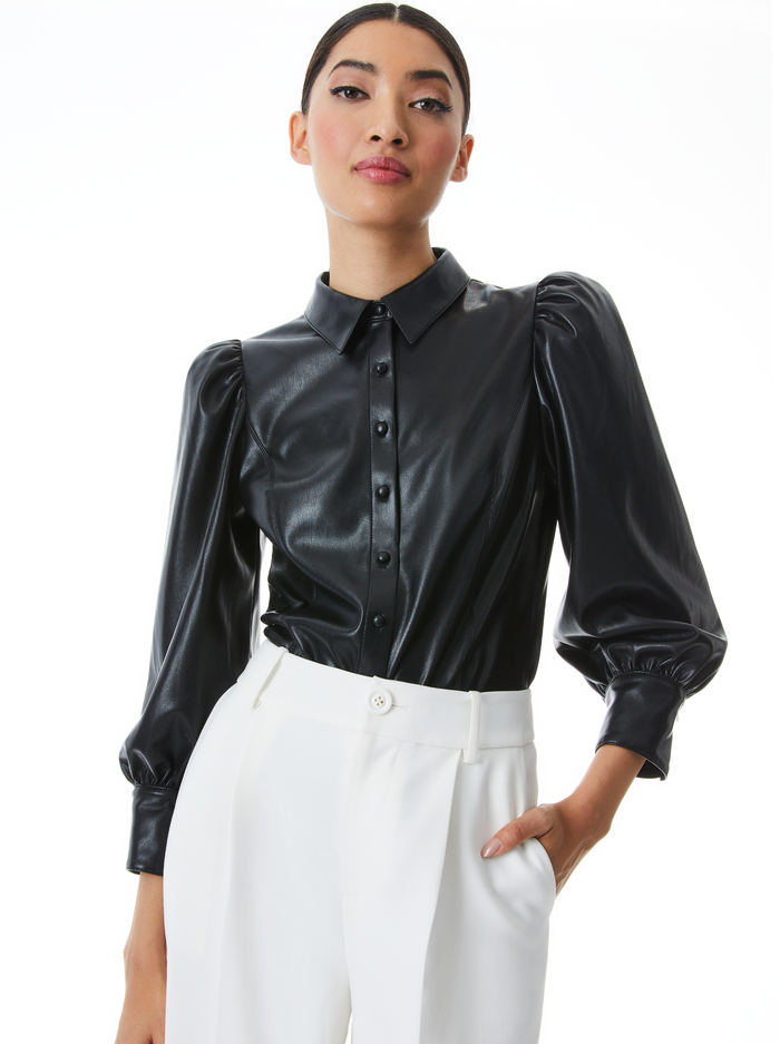 NADINE VEGAN LEATHER BUTTON DOWN - BLACK - Alice And Olivia