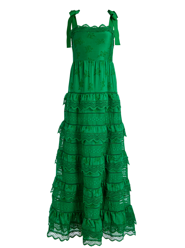 VEGA EYELET TIERED MAXI DRESS - EMERALD image 5 - Alice And Olivia