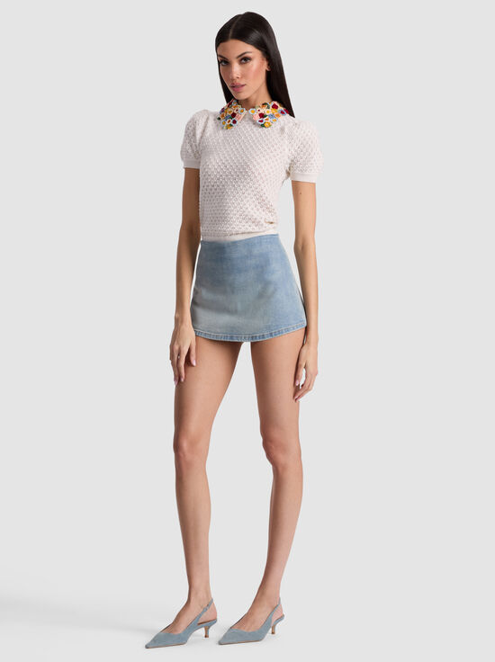 SOFT WHITE/MULTI-CHASE PUFF SLEEVE SWEATER