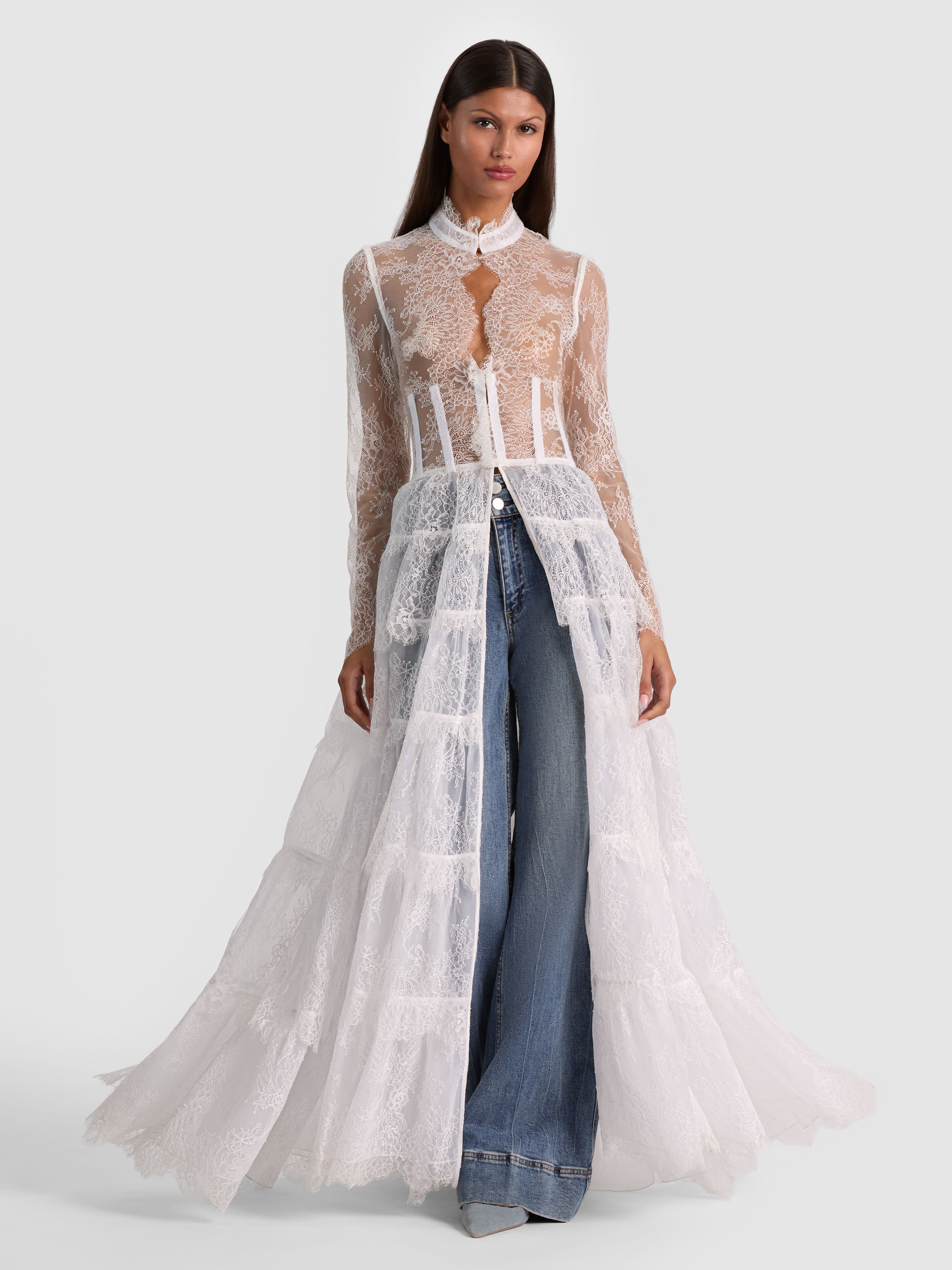 XAVIER TIERED LACE MAXI COAT in OFF WHITE | ALICE + OLIVIA