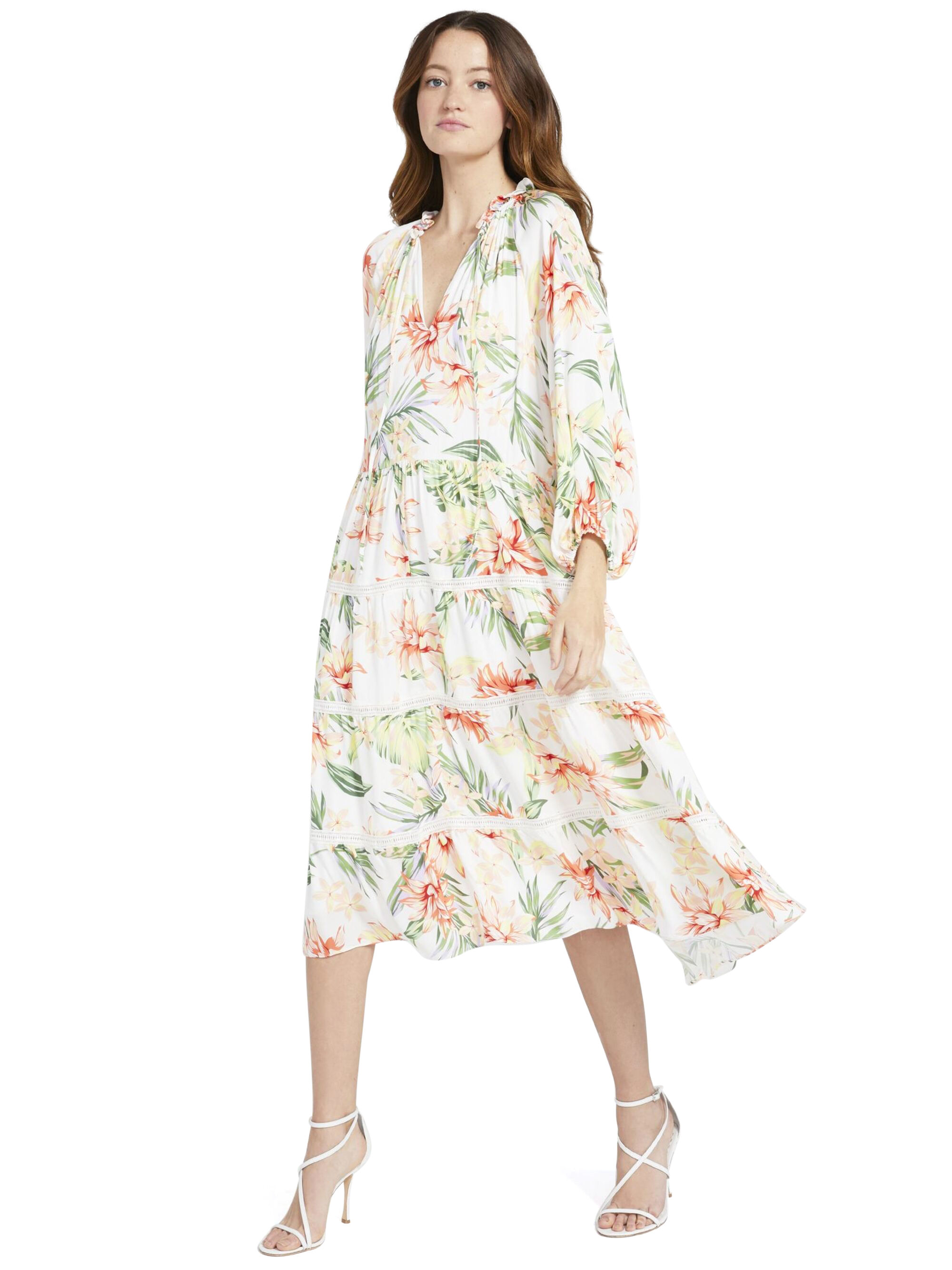 layla light blue and rose gold floral print midi dress