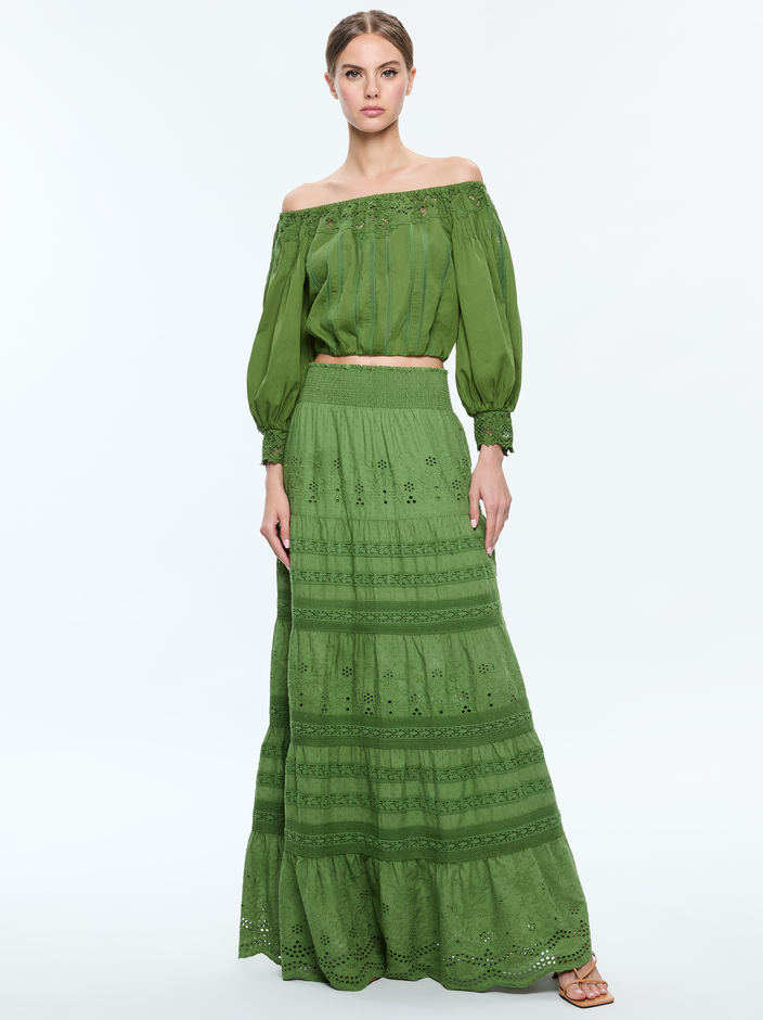 NAN EMBROIDERED OFF THE SHOULDER BLOUSE + AISHA TIERED MAXI SKIRT - 