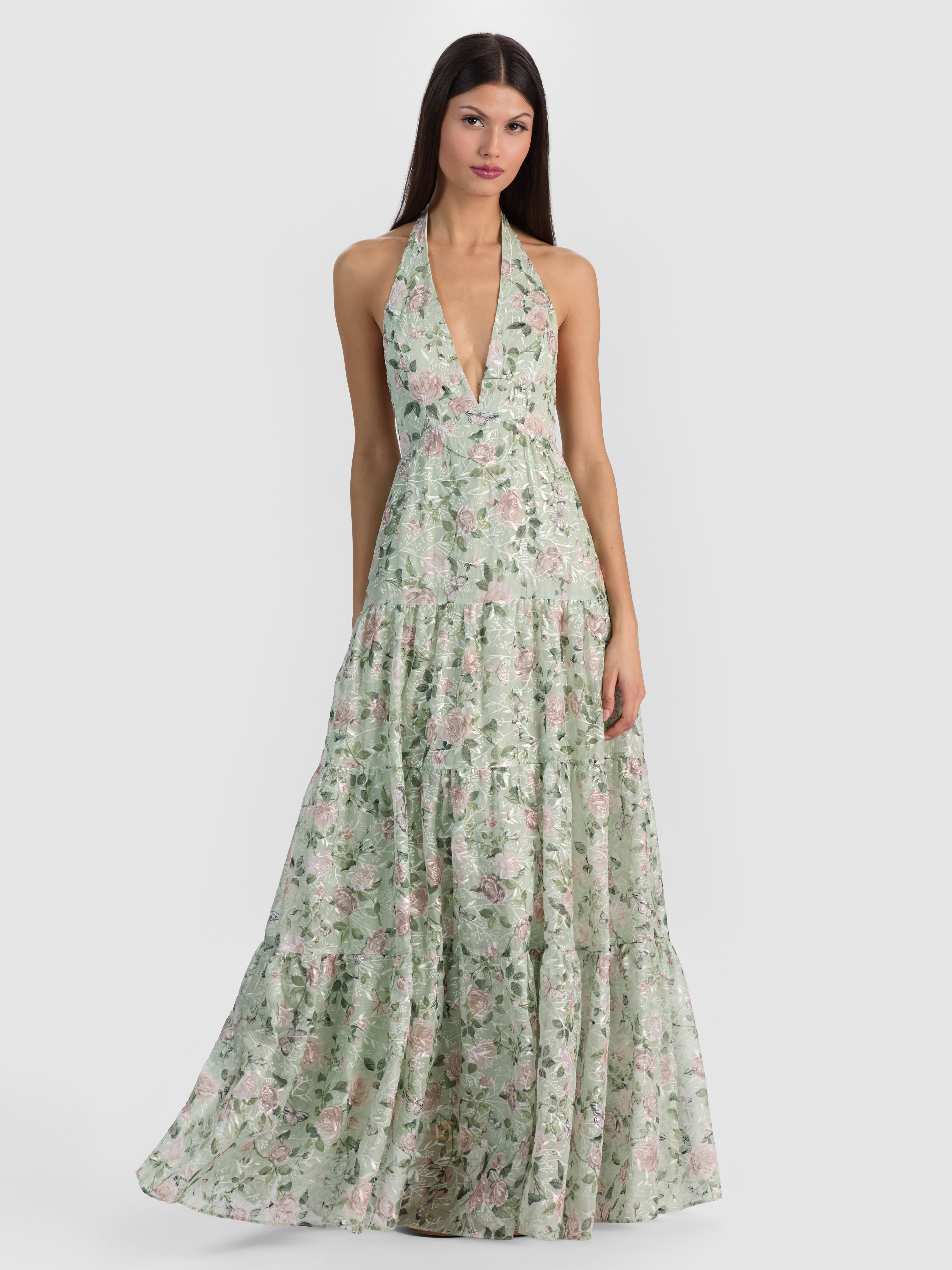 MAURA TIERED MAXI DRESS in GARDEN GOSSIP LIGHT SAGE | ALICE + OLIVIA