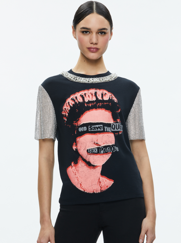 TARI EMBELLISHED CRYSTAL SLEEVE TEE - BLACK/MULTI - Alice And Olivia