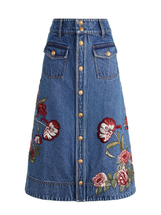 BROOKLYN BLUE/MULTI-DAHLIA EMBROIDERED DENIM SKIRT