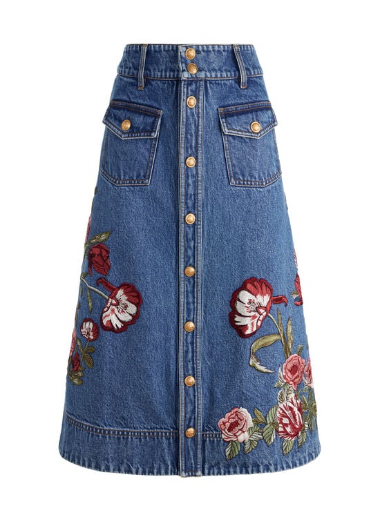 BROOKLYN BLUE/MULTI-DAHLIA EMBROIDERED DENIM SKIRT