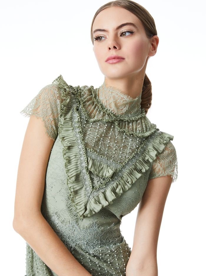 ALBERTINE LACE EMBROIDERED MAXI DRESS - SAGE image 3 - ALICE + OLIVIA