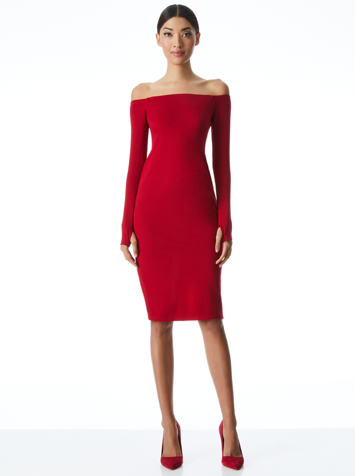 DORINDA OFF THE SHOULDER MIDI DRESS - DEEP RUBY - Alice And Olivia