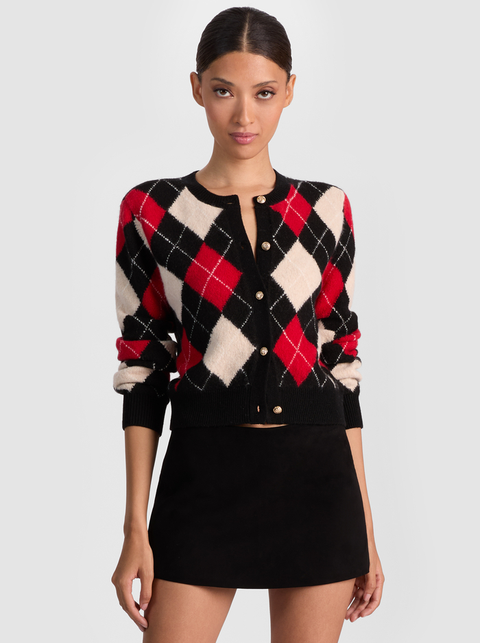 CAROLEE ARGYLE CARDIGAN - OATMEAL/BLACK/PERFECT RUBY - Alice And Olivia