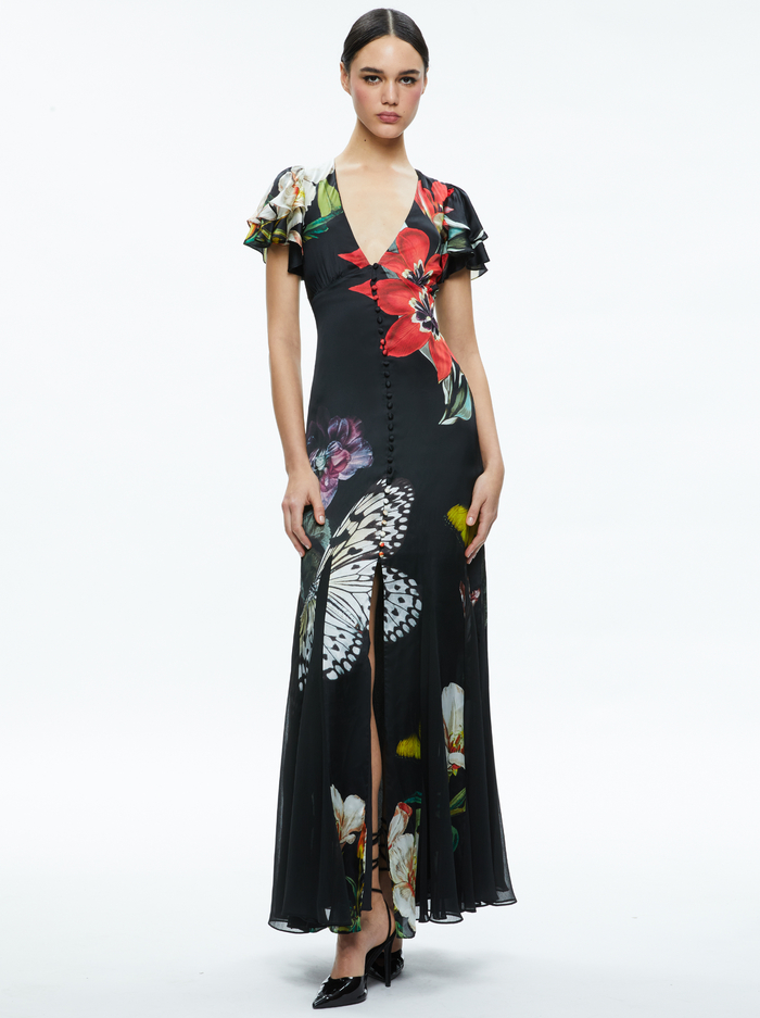 FARA DEEP V-NECK FLUTTER SLEEVE MAXI DRESS - ESSENTIAL FLORAL - Alice And Olivia