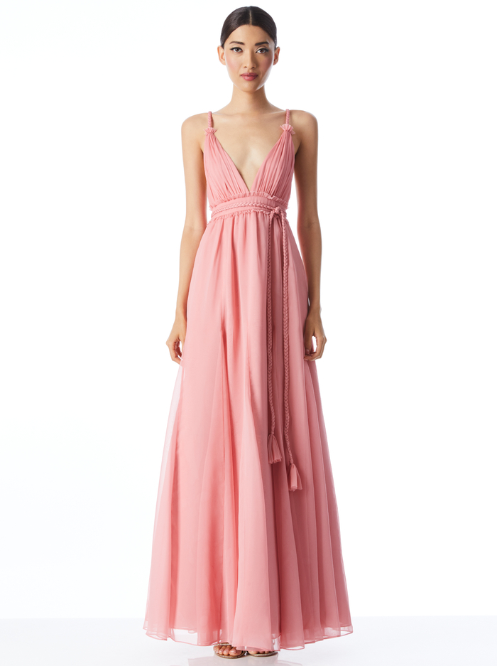 CARISA DEEP V-NECK GOWN WITH BRAIDED BELT - ROSE - Alice And Olivia
