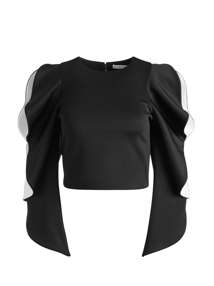 OLLIE RUFFLE SLEEVE CROP TOP - BLACK/OFF WHITE image 5 - ALICE + OLIVIA