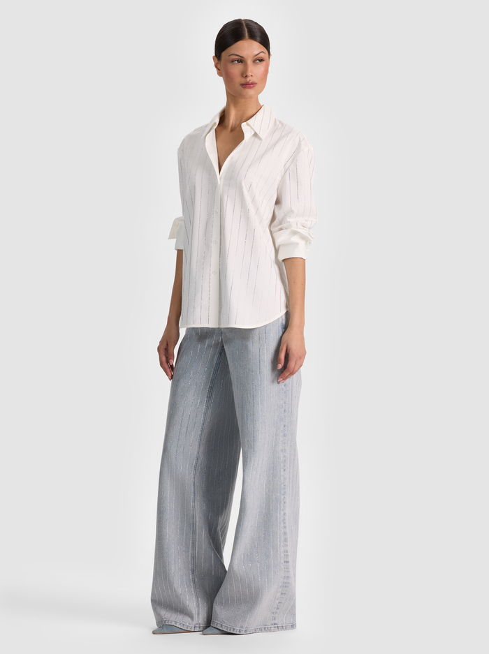 FINELY EMBELLISHED OVERSIZED BUTTON DOWN - OFF WHITE/CLEAR CRYSTAL PINSTR image 4 - ALICE + OLIVIA