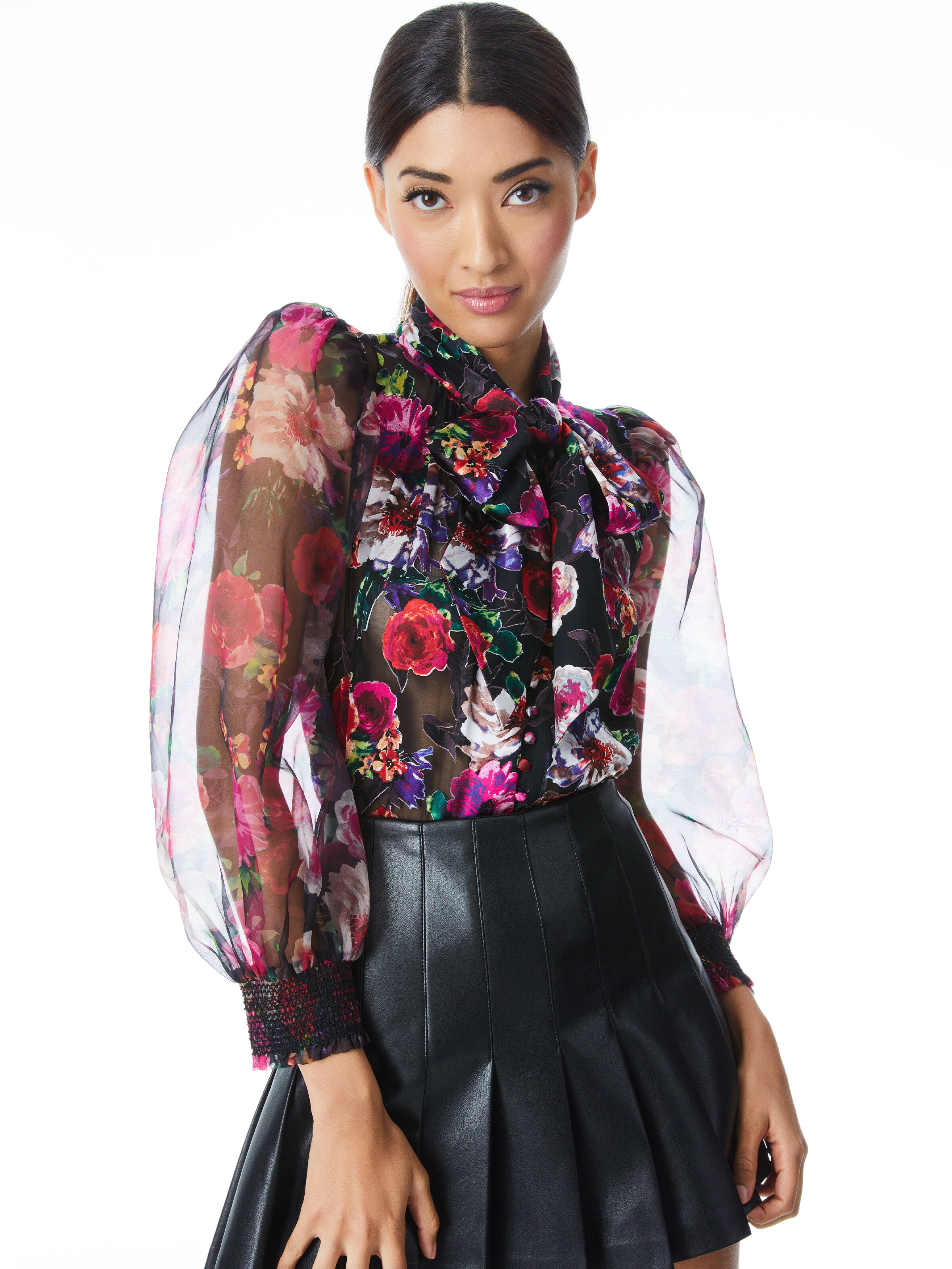 Brentley Floral Tie Neck Blouse In Midnight Rose | Alice +
