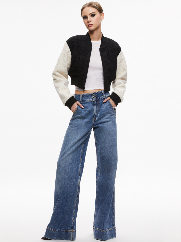 FELISA FUZZY KNIT CROPPED VARSTY JACKET - BLACK/ECRU image 2 - Alice And Olivia