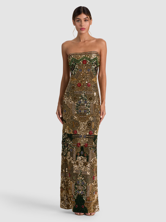 GOLD/MULTI-DELORA EMBELLISHED STRAPLESS GOWN