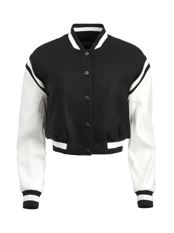 KERI VEGAN LEATHER VARSITY JACKET - BLACK/OFF WHITE image 5 - Alice And Olivia