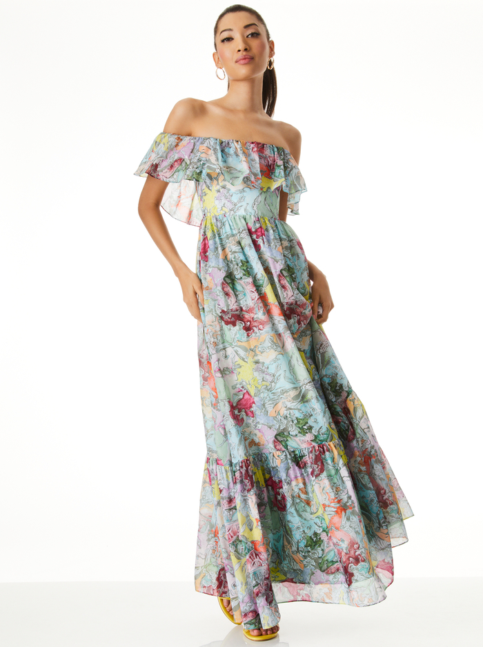 A+O X LOLA SCHNABEL TEMPIE RUFFLE OFF SHOULDER MAXI DRESS - LOLA