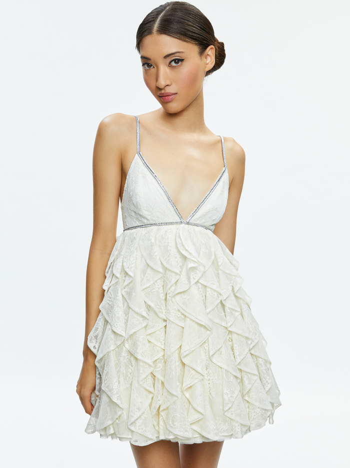 WILMARIE EMBELLISHED LACE RUFFLE MINI GOWN - OFF WHITE image 2 - Alice And Olivia
