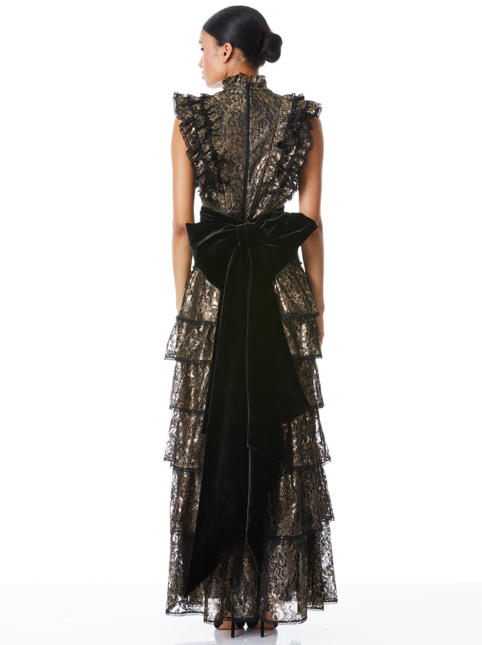 TAHARA RUFFLE SLEEVE TIERED MAXI DRESS - BLACK/GOLD image 1 - Alice And Olivia