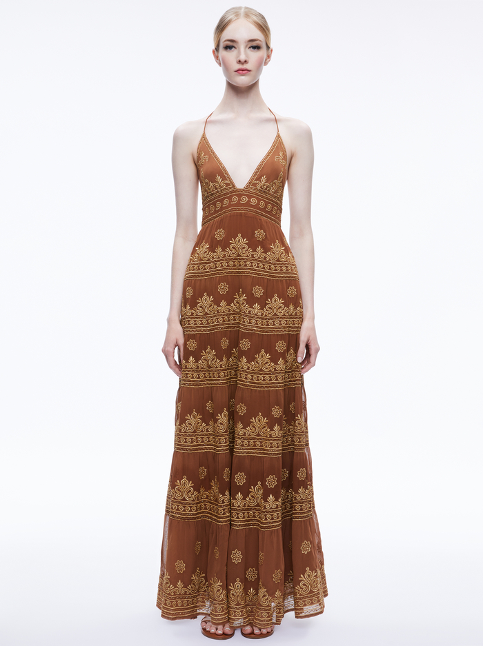 KAROLINA EMBROIDERED HALTER NECK MAXI DRESS - CAMEL/GOLD image 2 - Alice And Olivia