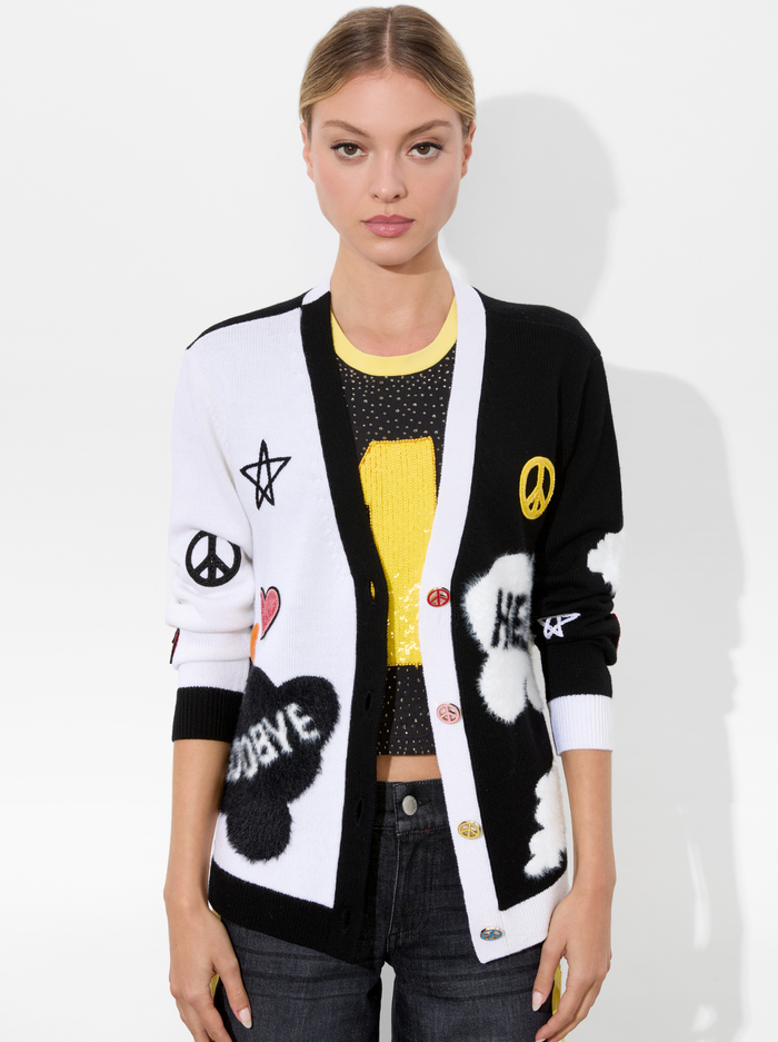 A+O X THE BEATLES BRADFORD CARDIGAN - SOFT WHITE/BLACK MULTI image 1 - Alice And Olivia