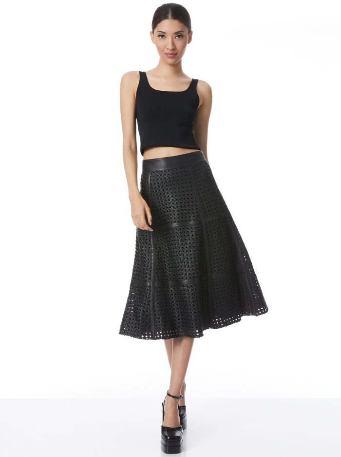 SOSIE WOVEN LEATHER MIDI FLARE SKIRT - BLACK image 2 - Alice And Olivia