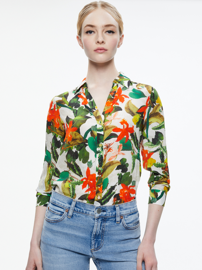 ELOISE BUTTON DOWN BLOUSE - TROPICAL SUNRISE OFF WHITE - Alice And Olivia