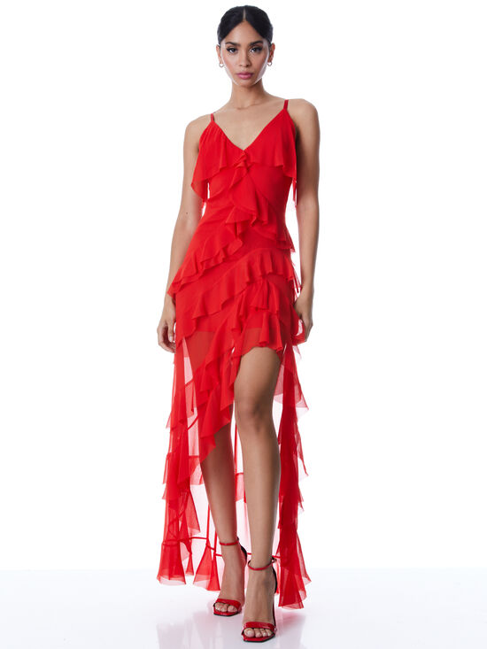 LAVERNE ASYMMETRICAL RUFFLE MAXI DRESS in BRIGHT POPPY