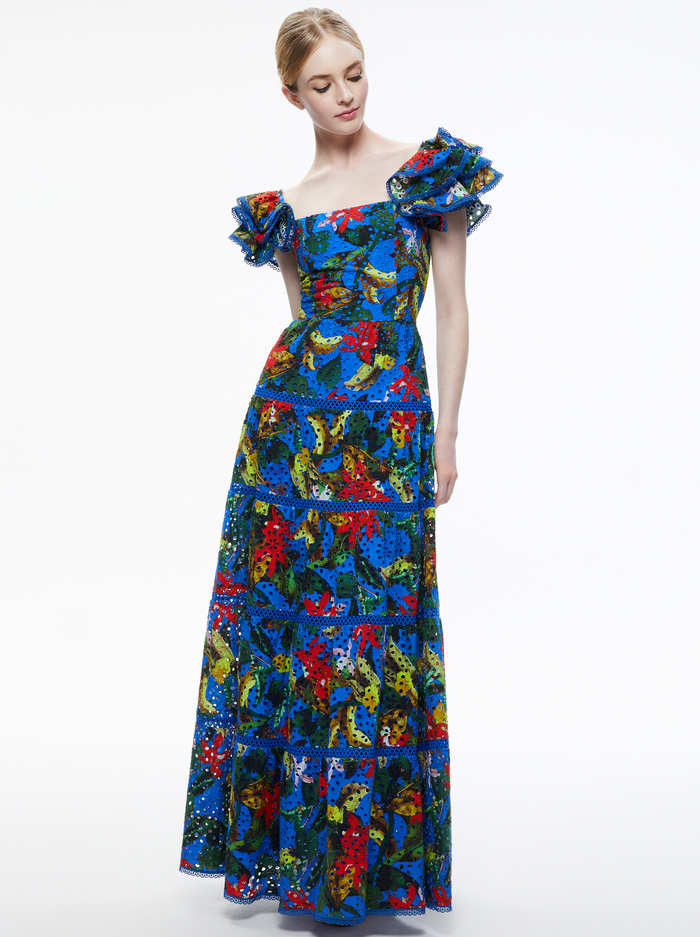 TAWNY EYELET SQUARE NECK MAXI DRESS - TROPICAL SUNRISE SAPPHIRE image 4 - ALICE + OLIVIA