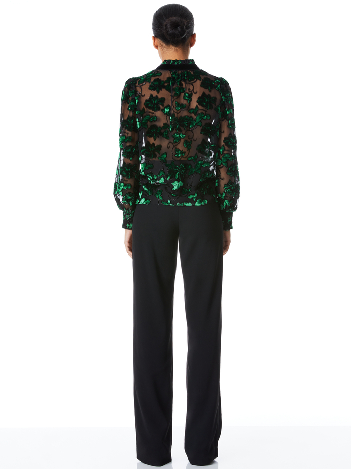 ZINA SHEER BUTTON DOWN BLOUSE - BLACK/EMERALD image 1 - Alice And Olivia