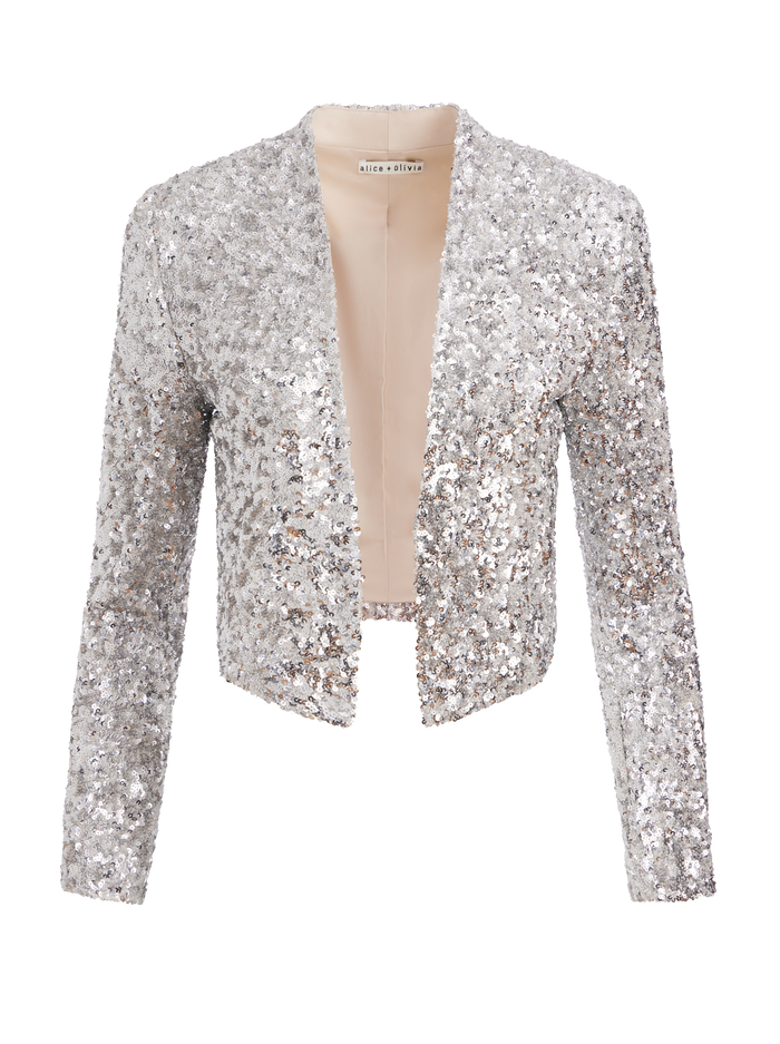 NEW HARVEY SEQUIN OPEN FRONT JACKET - CHAMPAGNE/SILVER image 5 - Alice And Olivia