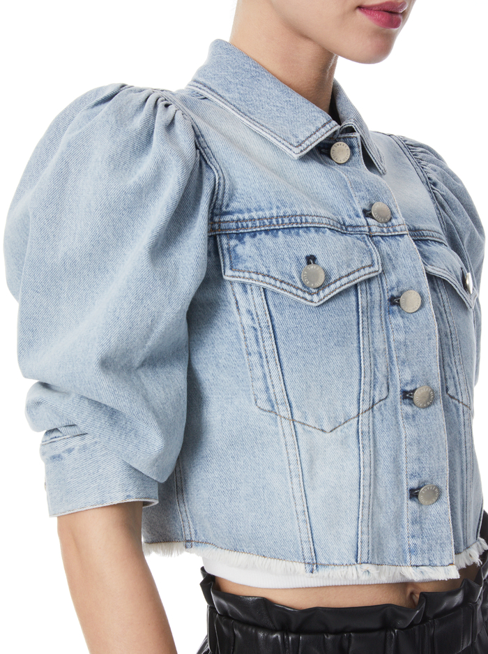 Lana Puff Sleeve Denim Jacket With Raw Hem In Rockstar Blue | Alice And ...