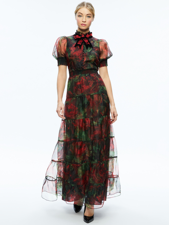 CLOUD FLORAL BORDEAUX LG-COLETTA BOW NECK BUTTON FRONT MAXI DRESS