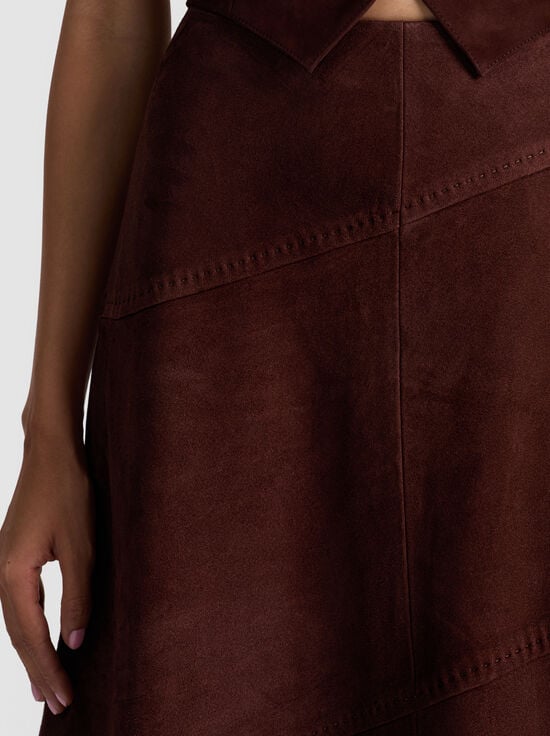 DARK CHOCOLATE-SOSIE SUEDE MIDI SKIRT