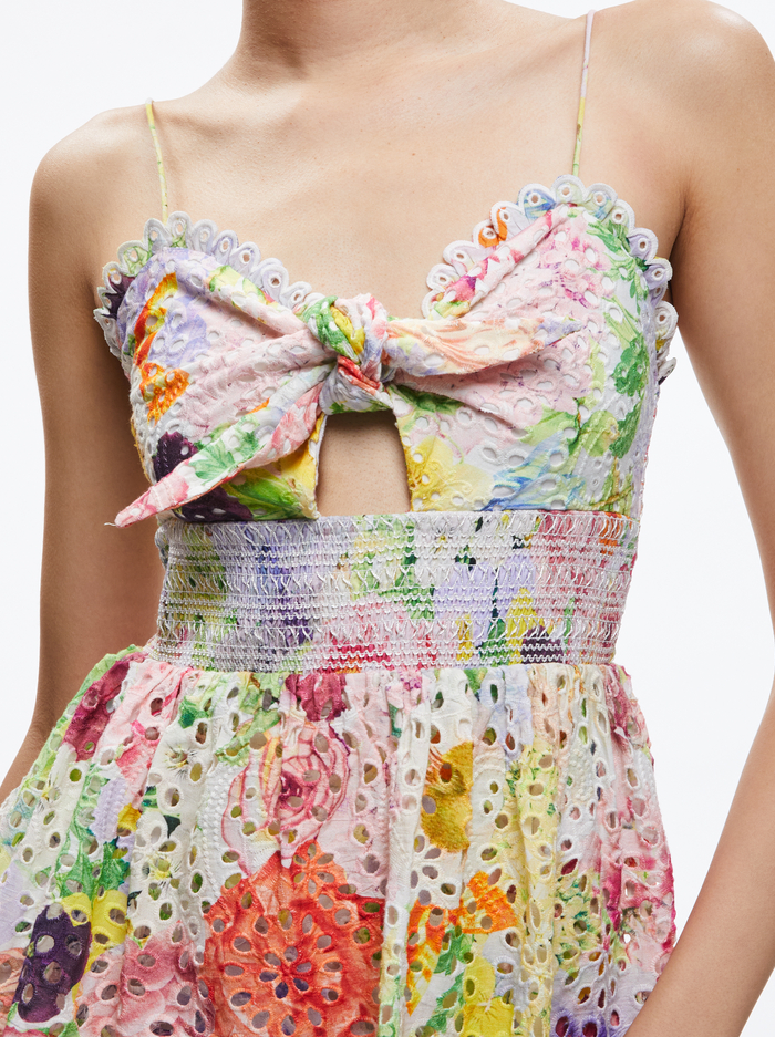 FINA TIE FRONT SMOCKED WAIST RUFFLE MINI DRESS - DAWN FLORAL image 3 - Alice And Olivia