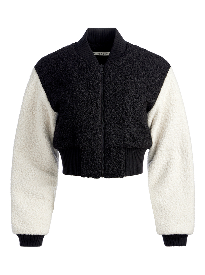 FELISA FUZZY KNIT CROPPED VARSTY JACKET - BLACK/ECRU image 5 - Alice And Olivia