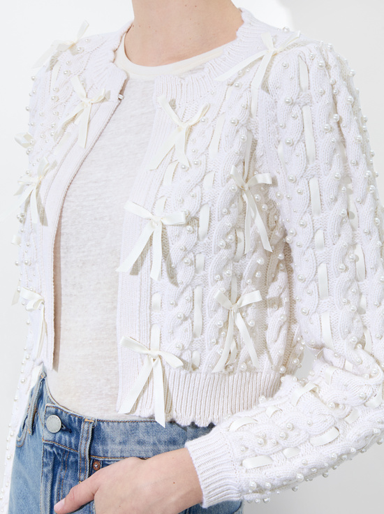 SOFT WHITE-KITTY BOW CARDIGAN