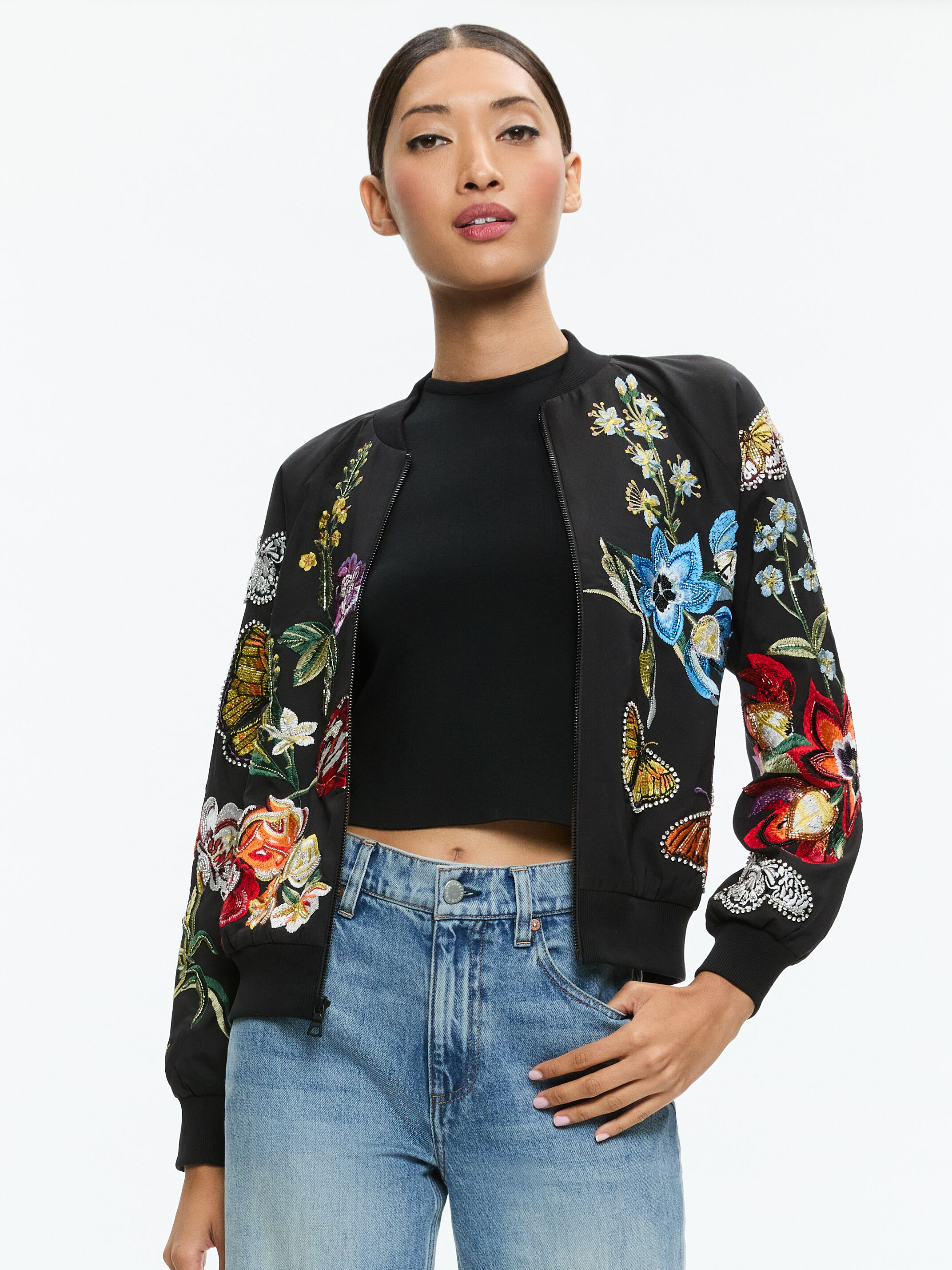 Felisa Embellished Varsity Jacket In Le Parisien Black Alice Olivia