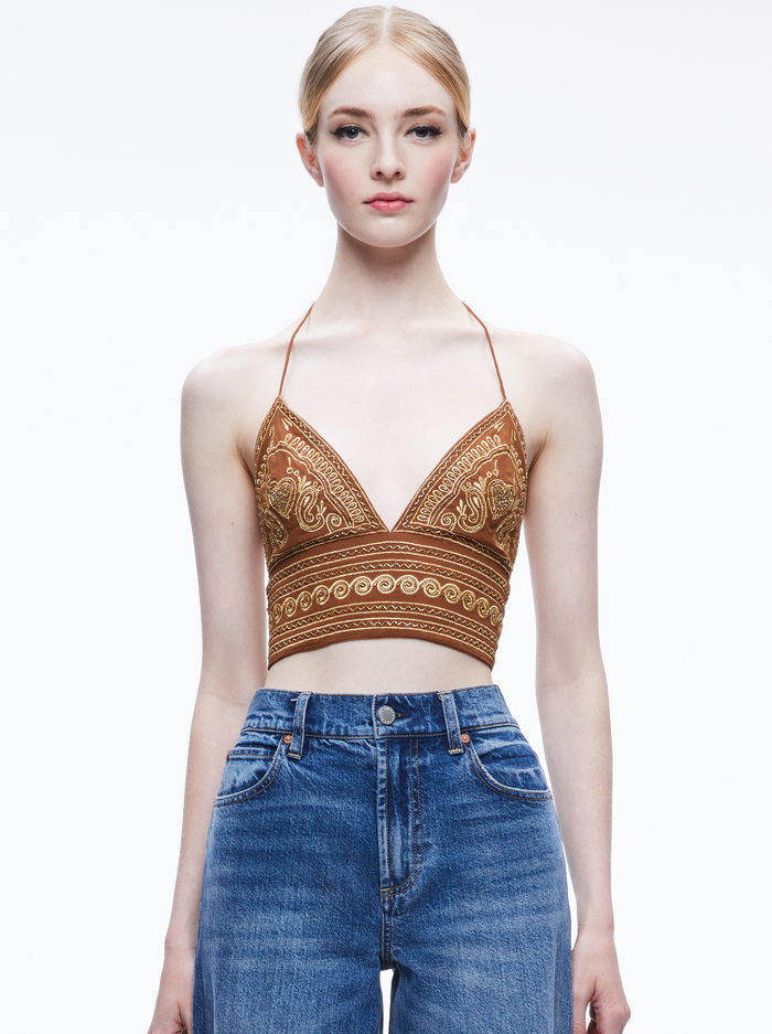 Carli Embroidered Tie Neck Bra Top In Camel/gold