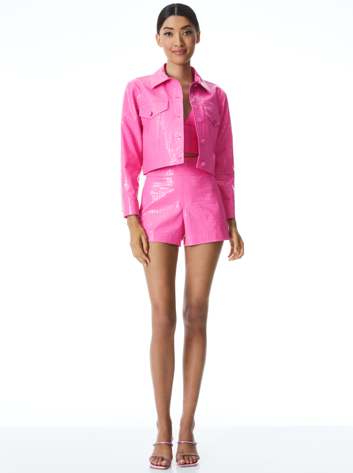 CHLOE VEGAN LEATHER CROC CROPPED JACKET - FRENCH ROSE image 2 - Alice And Olivia