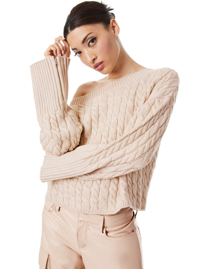 INA CABLE KNIT SWEATER - ALMOND HEATHER - Alice And Olivia