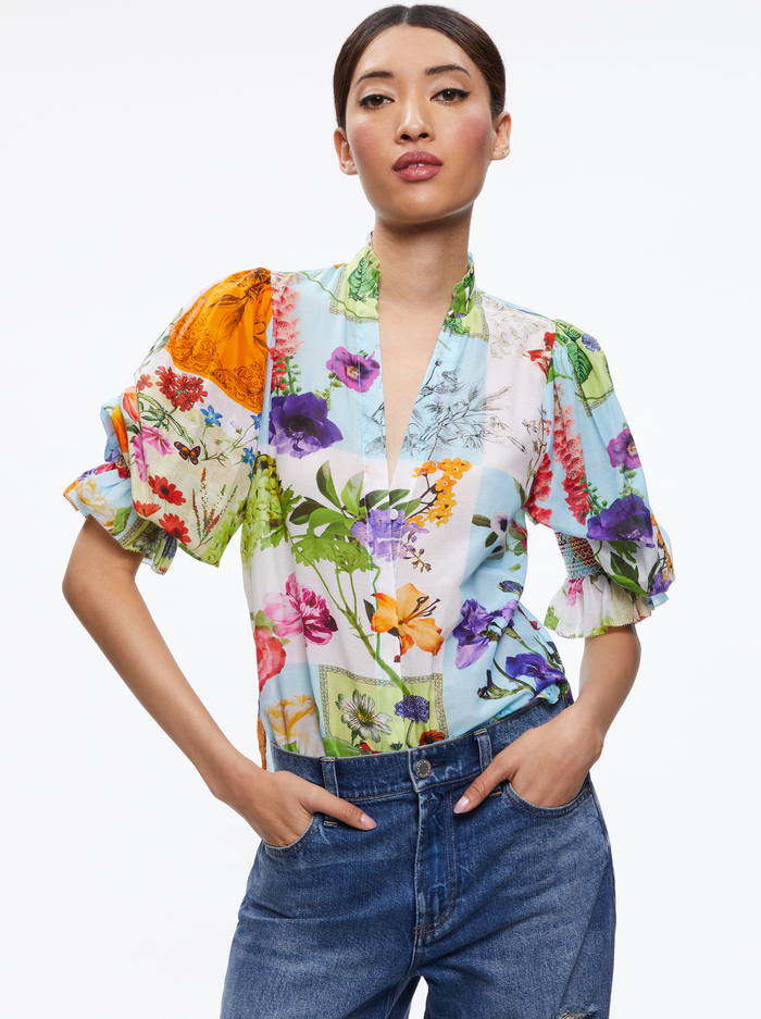 ILAN SMOCKED SLEEVE BUTTON FRONT BLOUSE - MAKE A STATEMENT - Alice And Olivia