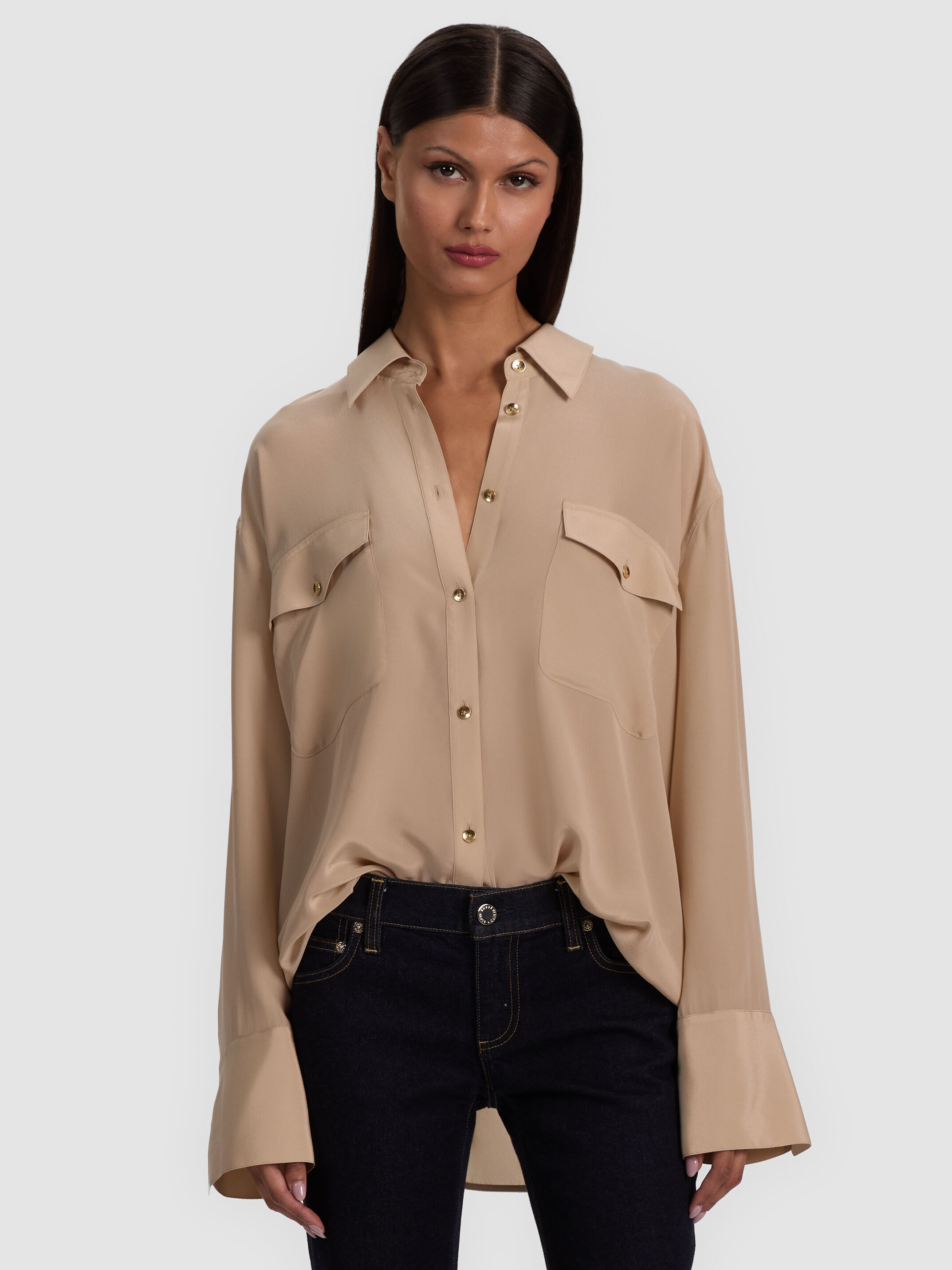 FINELY OVERSIZED SILK BUTTON DOWN in SAND | ALICE + OLIVIA