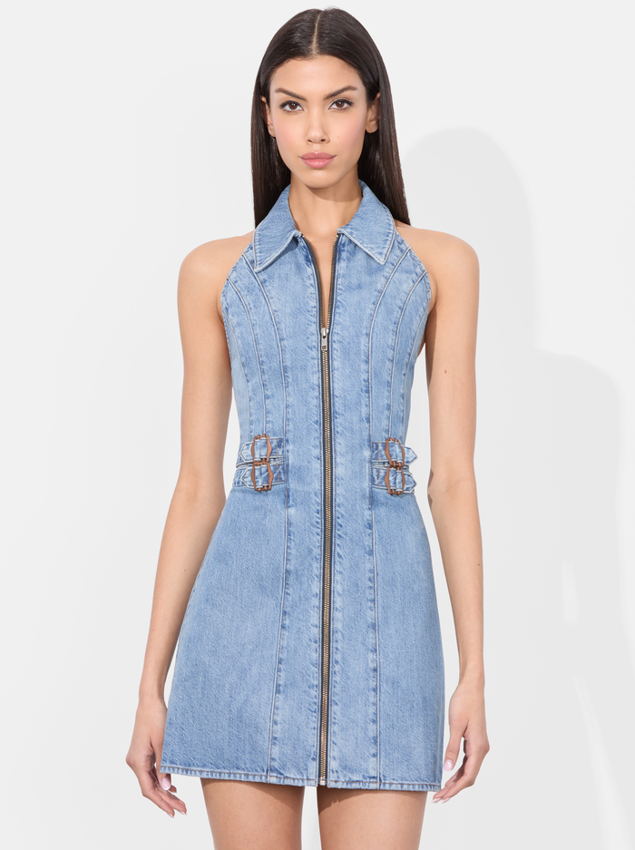 AXELLE DENIM MINI DRESS - PEYTON VINTAGE BLUE image 3 - Alice And Olivia