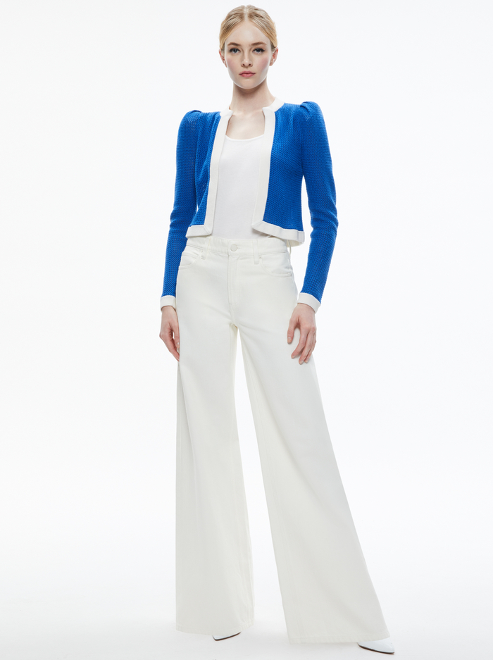 TRINA STRUCTURED SHOULDER CROPPED CARDIGAN - SAPPHIRE/SOFT WHITE image 2 - ALICE + OLIVIA